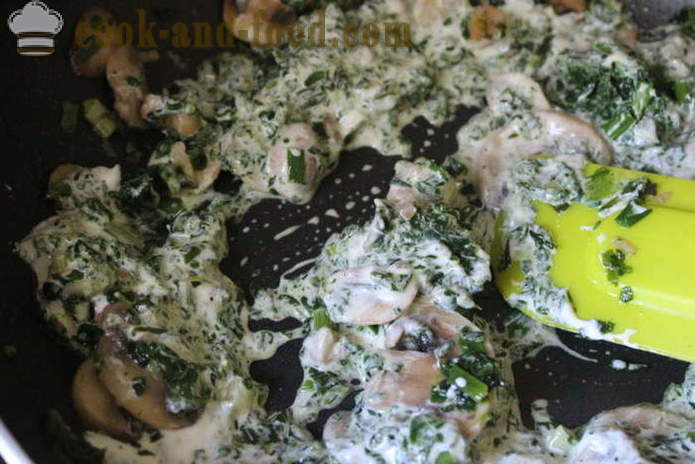 Farfalle Farfalle in una salsa cremosa con spinaci e funghi - come cucinare farfalle in una salsa cremosa, un passo per passo ricetta foto