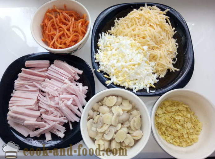 Insalata e patatine semplice - Come fare un insalata a strati con prosciutto, funghi e patatine, un passo per passo ricetta foto