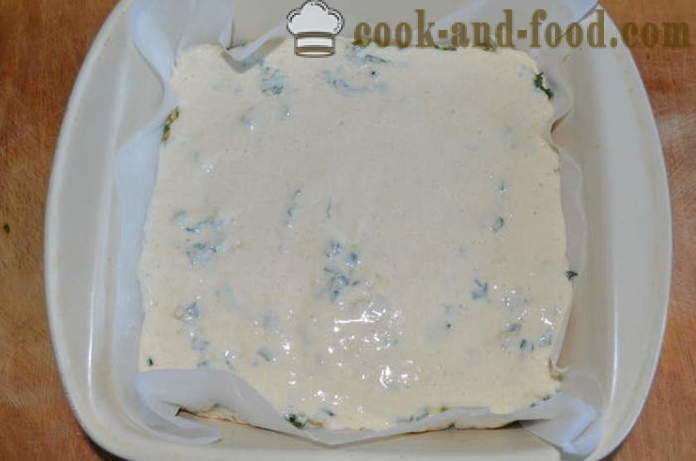 Torta di riempimento rapido su yogurt con spinaci, uova e cipolle verdi - come preparare la torta in gelatina con kefir, un passo per passo ricetta foto