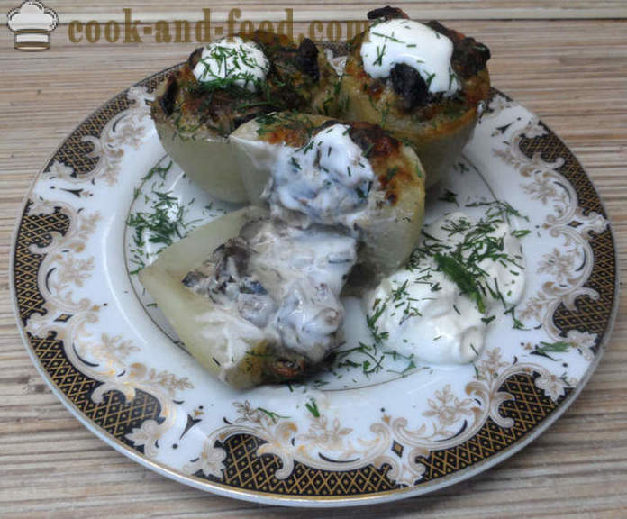 Patate al forno con ripieno di funghi e formaggio - come cucinare patate ripieni di funghi, un passo per passo ricetta foto