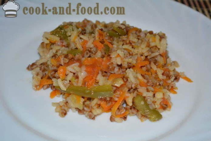 Kasha: grano saraceno con riso e verdure in una padella - come cucinare grano saraceno con contorno di riso insieme, passo dopo passo ricetta foto