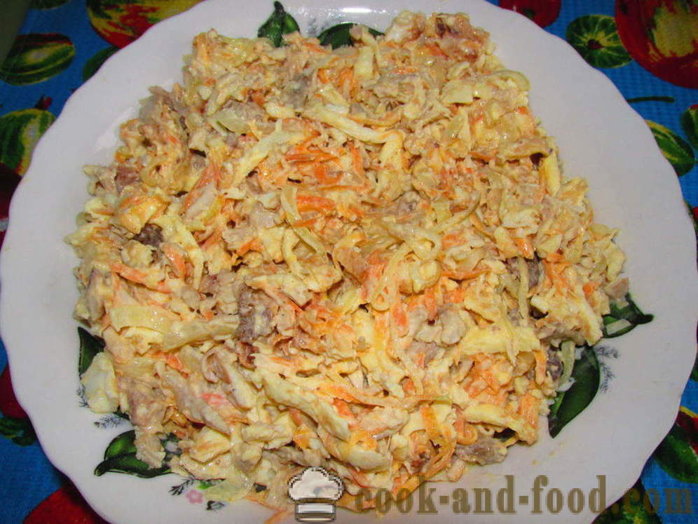 Insalata con frittelle uova e pollo - Come preparare un'insalata con frittelle, uova, passo dopo passo ricetta foto