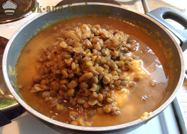 Zucca e zuppa di lenticchie - come cucinare la zuppa di lenticchie marroni, passo dopo passo ricetta foto