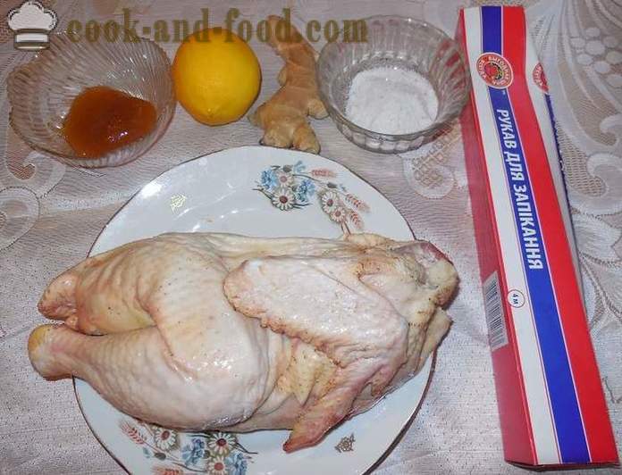 Pollo al forno nella manica (mezzena) - come un gustoso pollo cotto nel forno, il forno ricetta del pollo graduale, con le foto