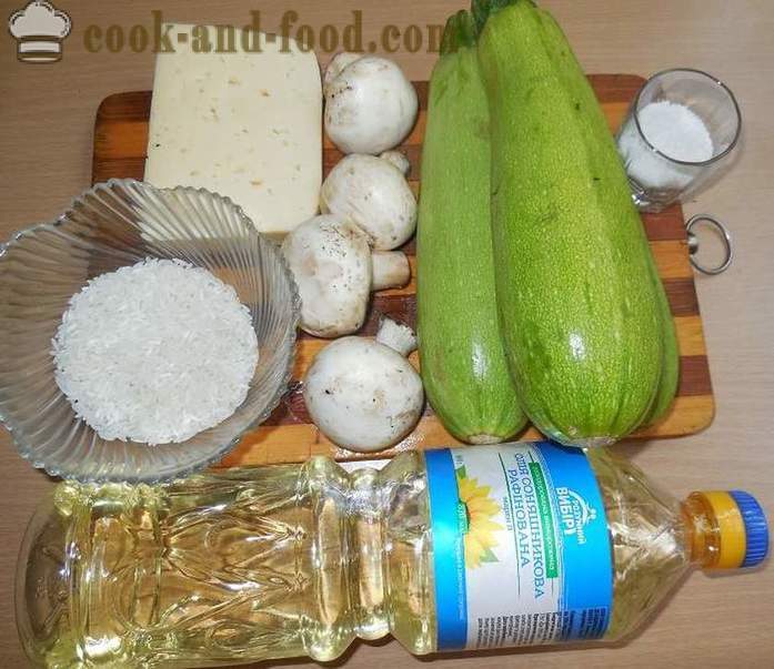 Zucchine cotte in forno con carne macinata: riso con funghi e formaggio - come cucinare zucchine ripiene al forno, con un passo per passo ricetta foto