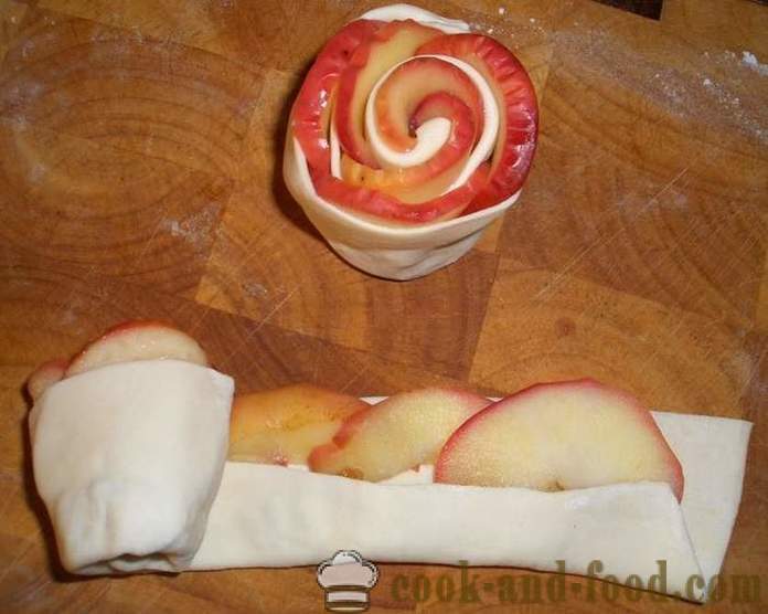 Rose torta di pasta sfoglia e mele sotto la neve di zucchero a velo - la ricetta in forno, con le foto