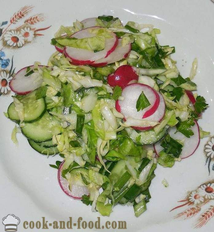 Facile e deliziosa insalata primavera del cavolo, ravanello e cetrioli senza maionese - come fare un insalata di primavera con un passo per passo ricetta foto