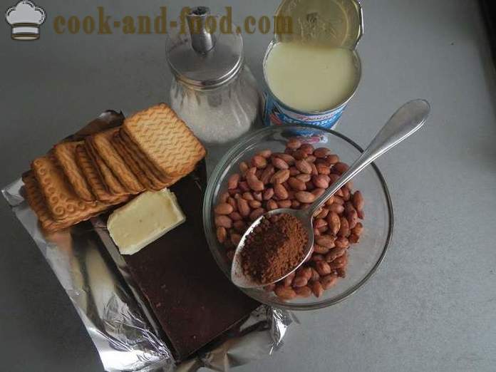 Biscotti fatti in casa al cioccolato salsiccia con latte condensato e noci, senza uova - passo dopo passo ricetta per il salame di cioccolato, con le foto.
